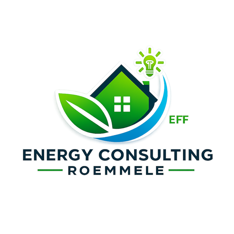 Logo für Energy Consulting Roemmele, bestehend aus einem Haus mit grünen Blättern und einer Glühbirne.